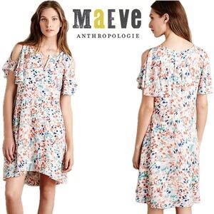 Anthropologie Maeve Fluttered Dot Watercolor Cold Shoulder Swing Hi-Lo Dress - S